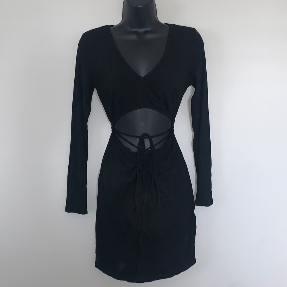 Princess Polly Noa Black Long Sleeve Ribbed Cut Out Criss Cross Tie Mini Dress - Picture 4 of 13